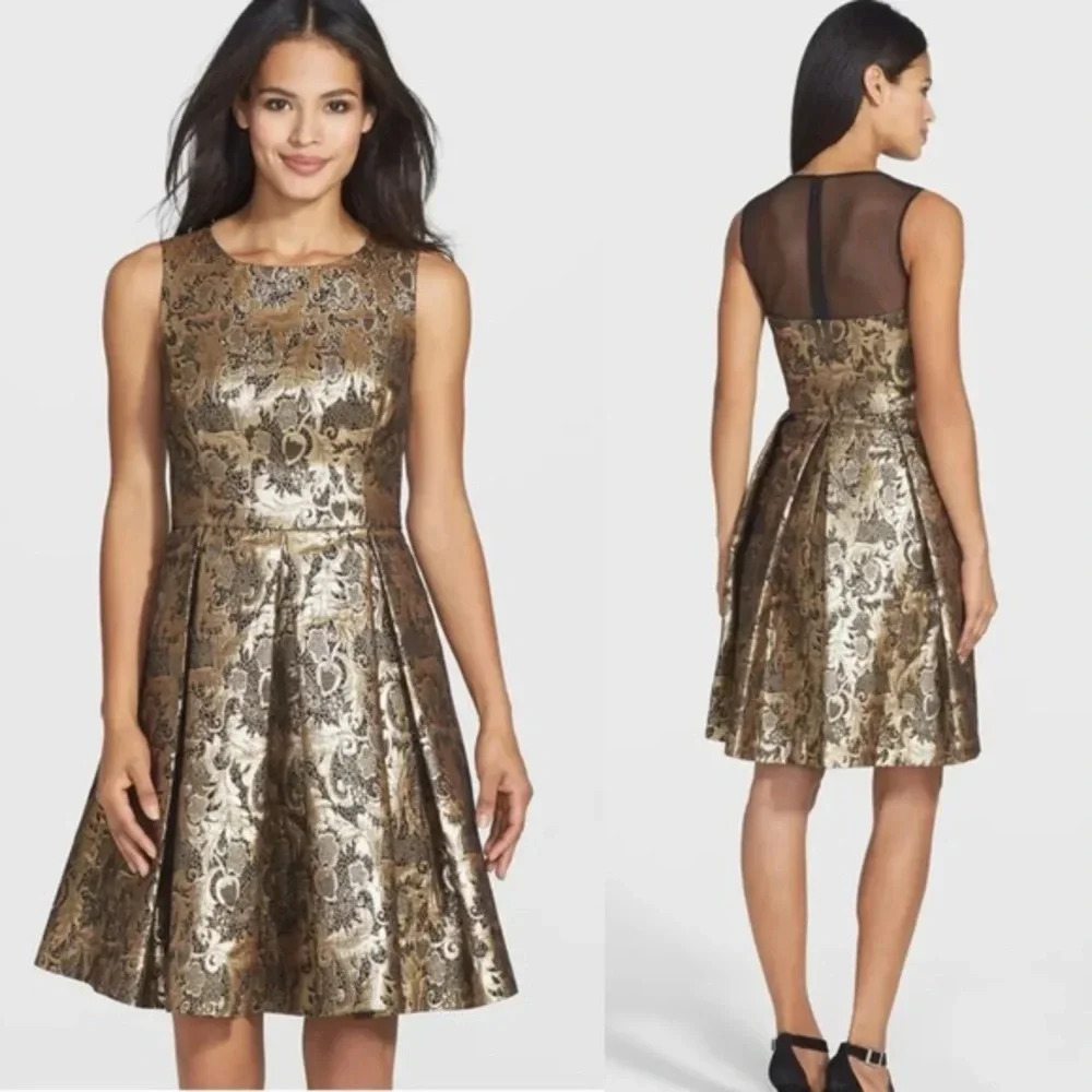 New Eliza J Metallic Jacquard Fit & Flare Dress Size 8 Gold Black